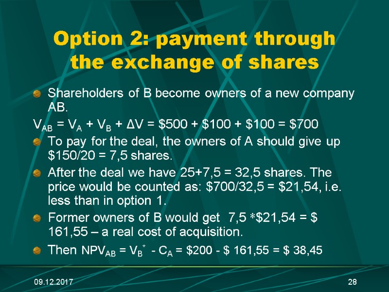 09.12.2017 28 Option 2: payment through the exchange of shares Shareholders of B become